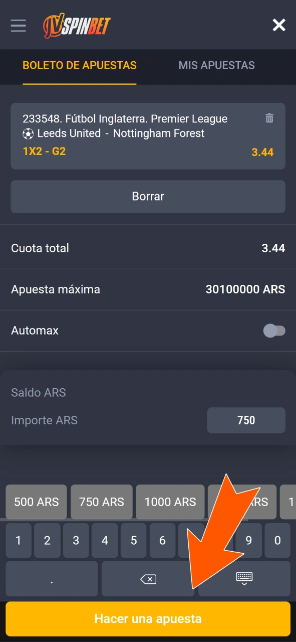 Introduce el monto de tu apuesta en el boleto y confirma la jugada en JVSpin.
