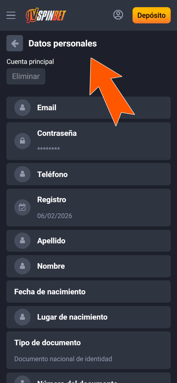 Accede a la sección de datos personales para completar la verificación en JVSpin.