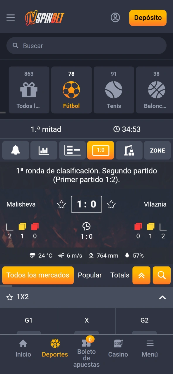 Elegí tu partido o slot antes de empezar en la JVSpin App.