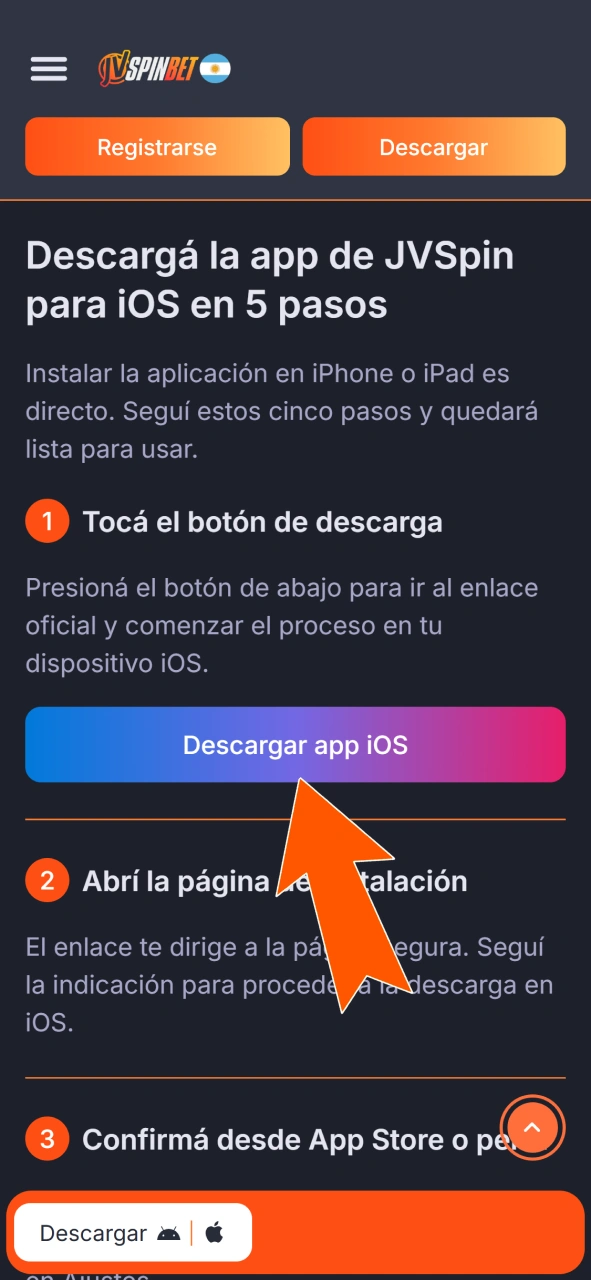 Usá el navegador de tu iPhone para descargar la iOS JVSpin App.