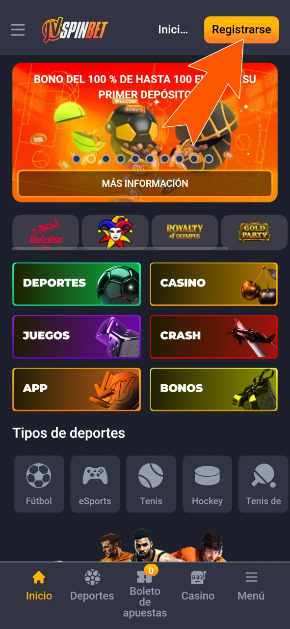 Desplegá los campos requeridos para tu registro en la JVSpin App.