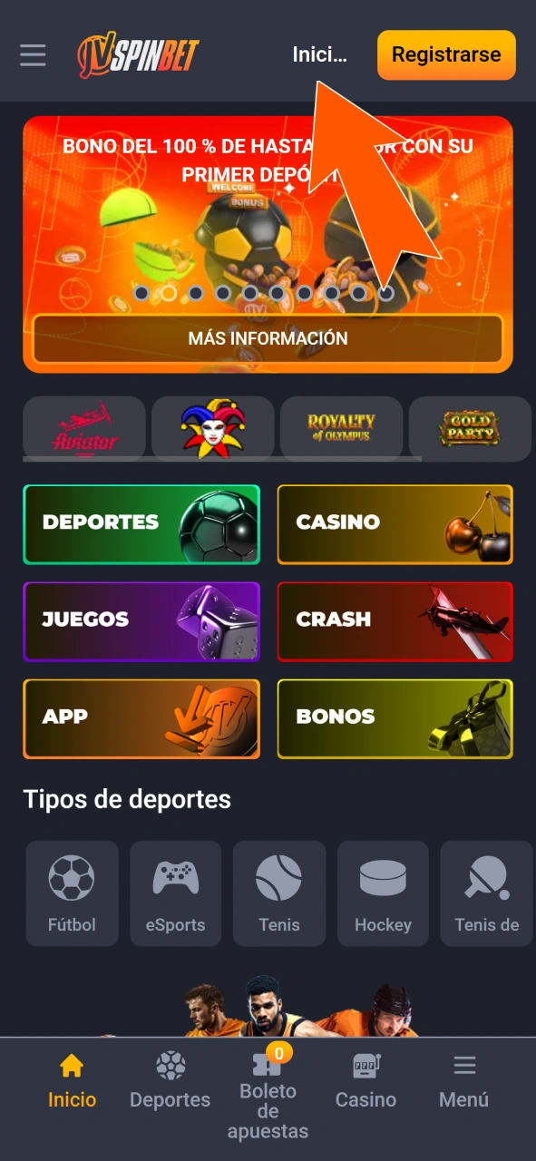 Presioná el botón superior para iniciar sesión en el sitio JVSpin.