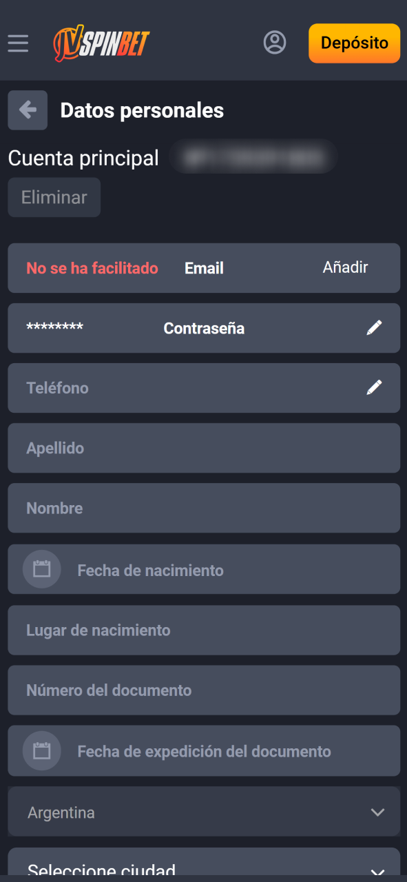 Rellená tus datos para empezar la verificación de tu usuario JVSpin.